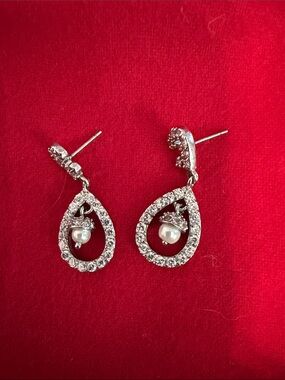 Kenneth Jay Lane Silver Crystal Teardrop Earrings with Pearl Accent